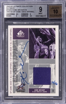 2003-04 Upper Deck Ultimate Collection "SP Game Used All-Star Apparel" Redemption #KBAS Kobe Bryant Signed Jersey Card (#10/16) - BGS MINT 9/BGS 10